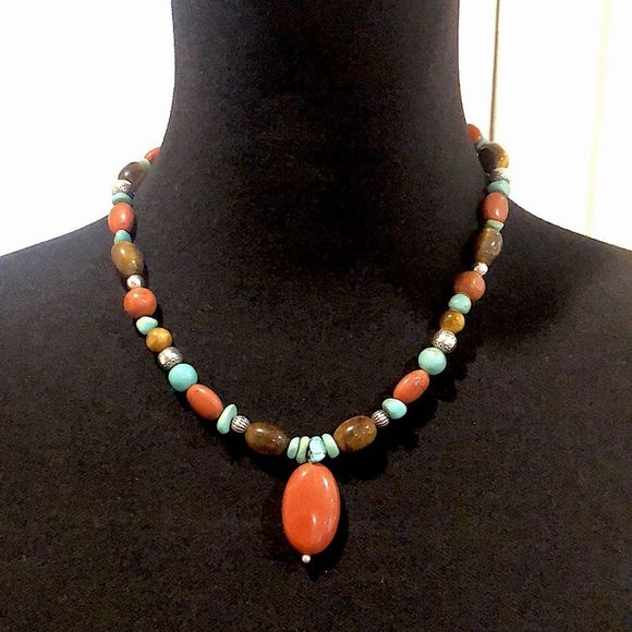 ARTISAN Boutique Necklace Turquoise Tigers Eye Carnelian Sterling Silver - Picture 1 of 12